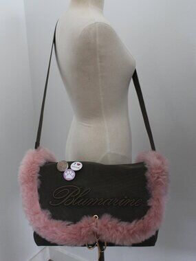NWT Blumarine Embroidered Canvas Fur Messenger Shoulder Bag Bag